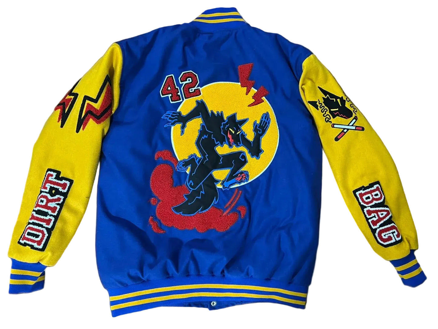 Blue and yellow jacket with graphic designs and text on a black background